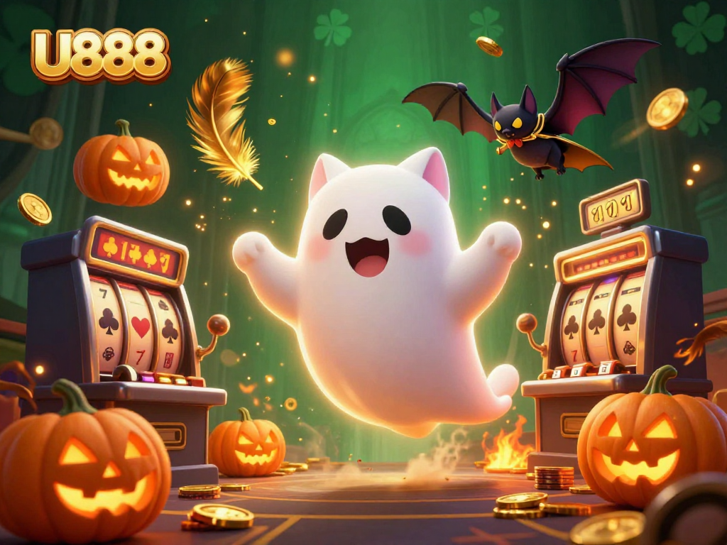 Engage with U888 in a thrilling ghostly casino world filled with dynamic slot machines and glowing jack-o-lanterns.
