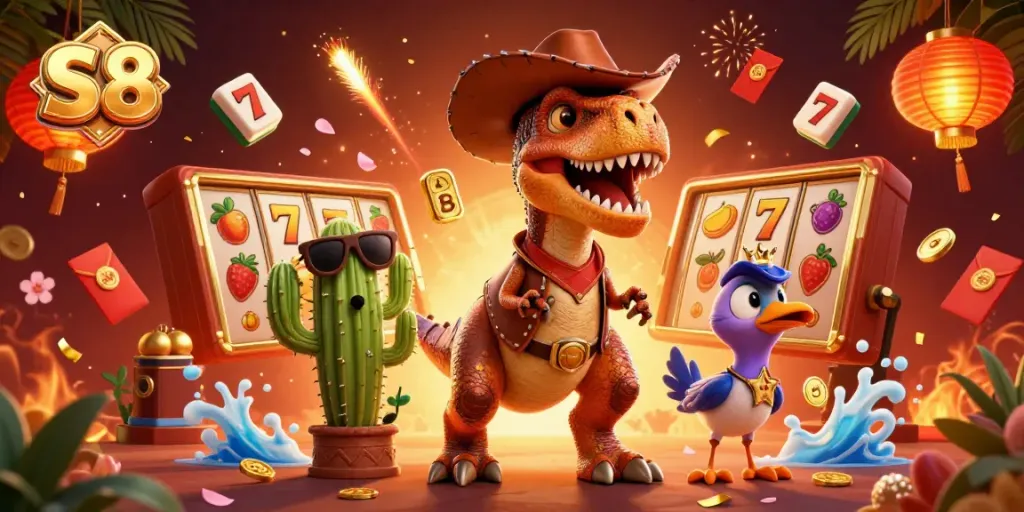 Engage in casino thrills with S8 and dynamic 3D cartoon characters amidst slots and jackpots.
