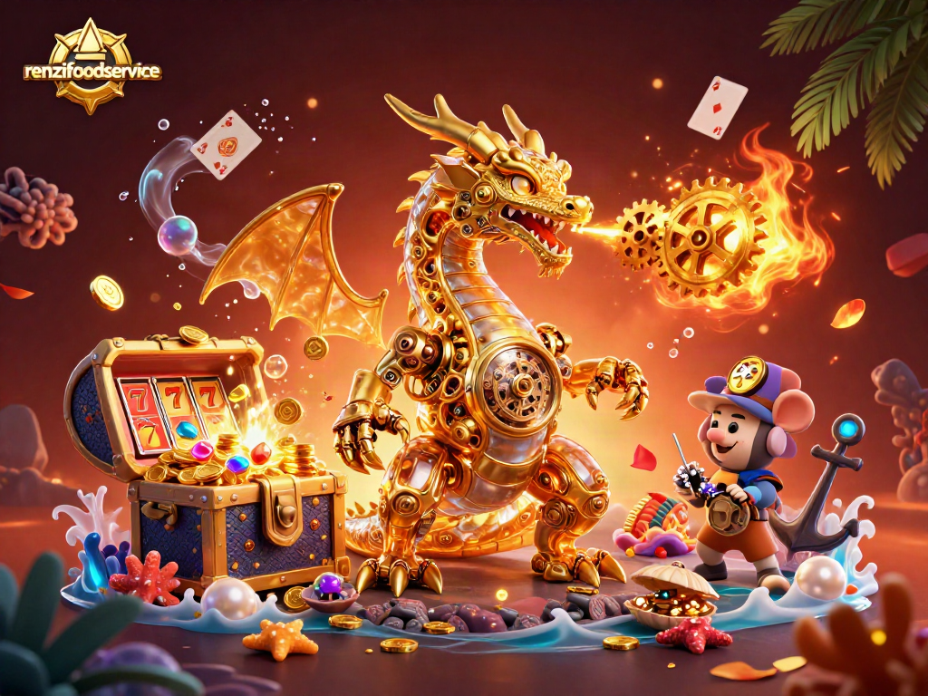 Engage with renzifoodservice's thrilling casino adventure featuring a golden dragon and slot reels.