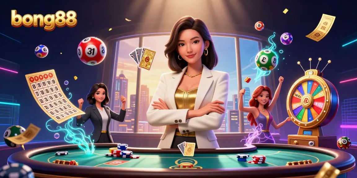 Experience thrilling gameplay at bong88 with an elegant woman showcasing her golden deck of cards in a vibrant casino.