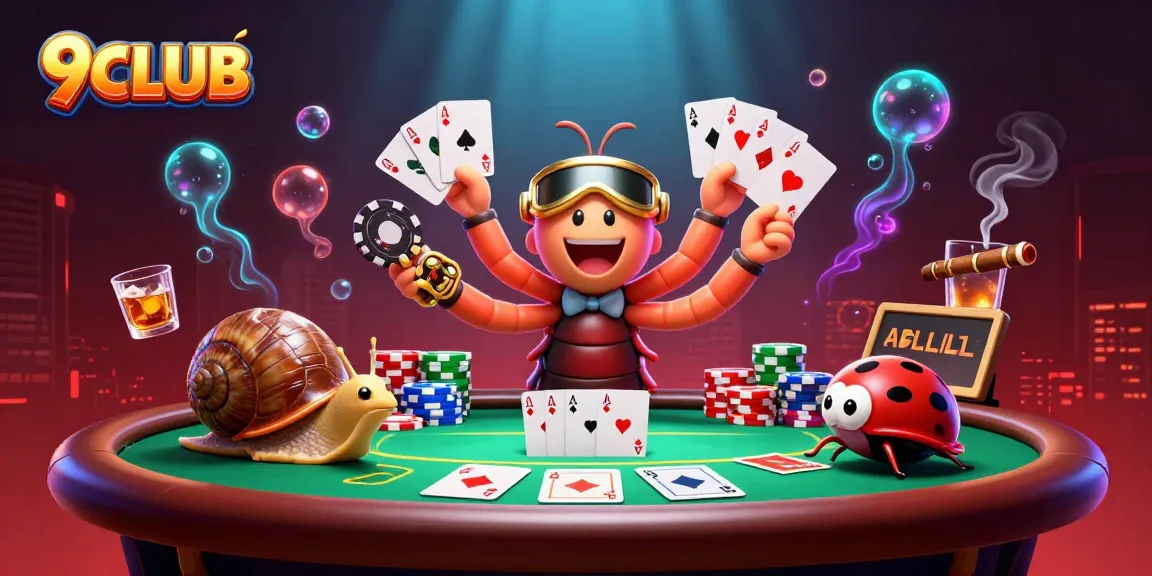 Engage with 9CLUB's vibrant casino scene featuring cartoon characters at a lively poker table.