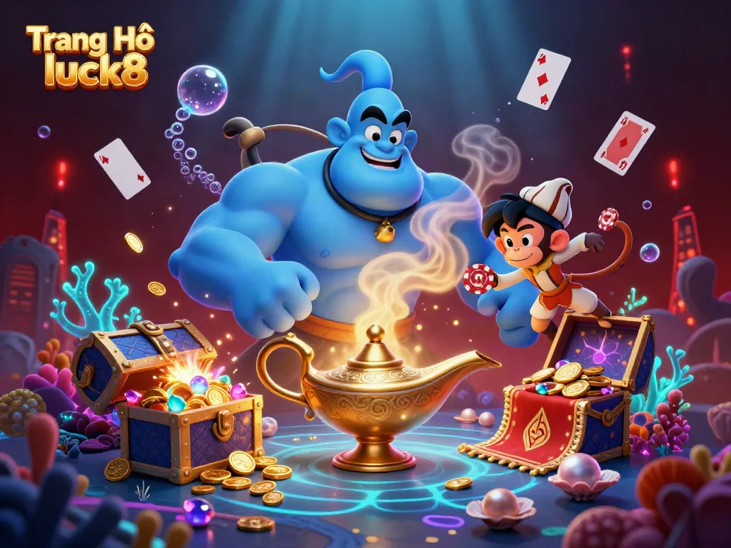 Experience winning thrills at Trang Chủ luck8 with an enchanting genie and vibrant poker elements.