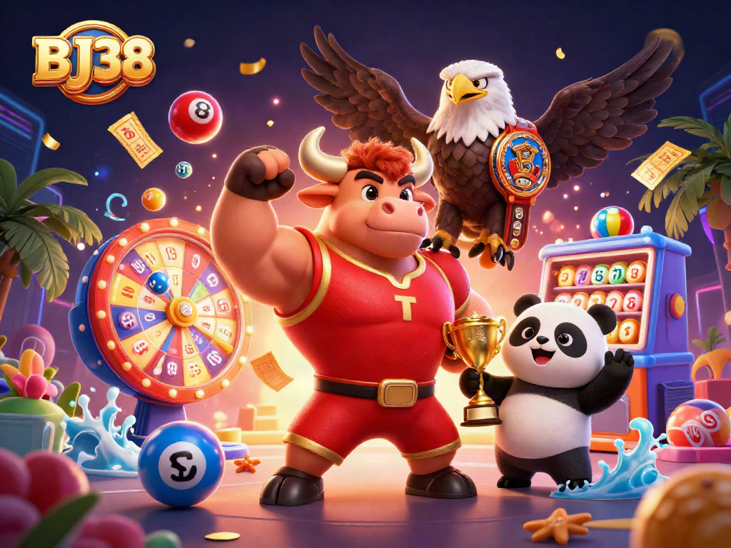 BJ38 engages players with a vibrant casino scene featuring a victory-posing mascot and dynamic lottery elements.