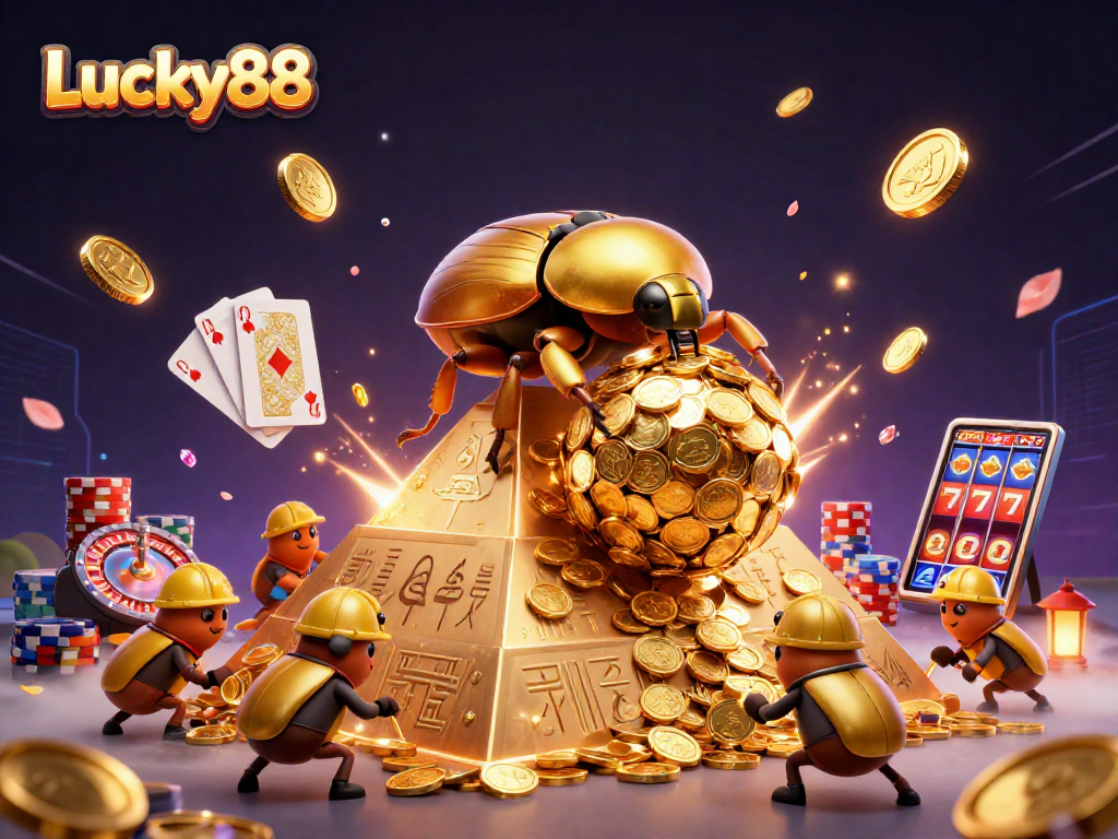 Experience the thrilling world of Lucky88 with animated golden beetles rolling coins amidst vibrant casino elements.