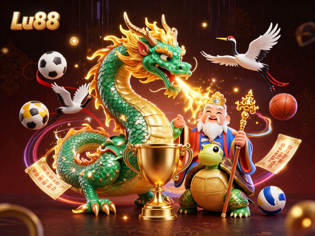 Experience exhilarating gaming with Lu88, featuring a jade dragon, wise turtle, and lucky cranes in action.