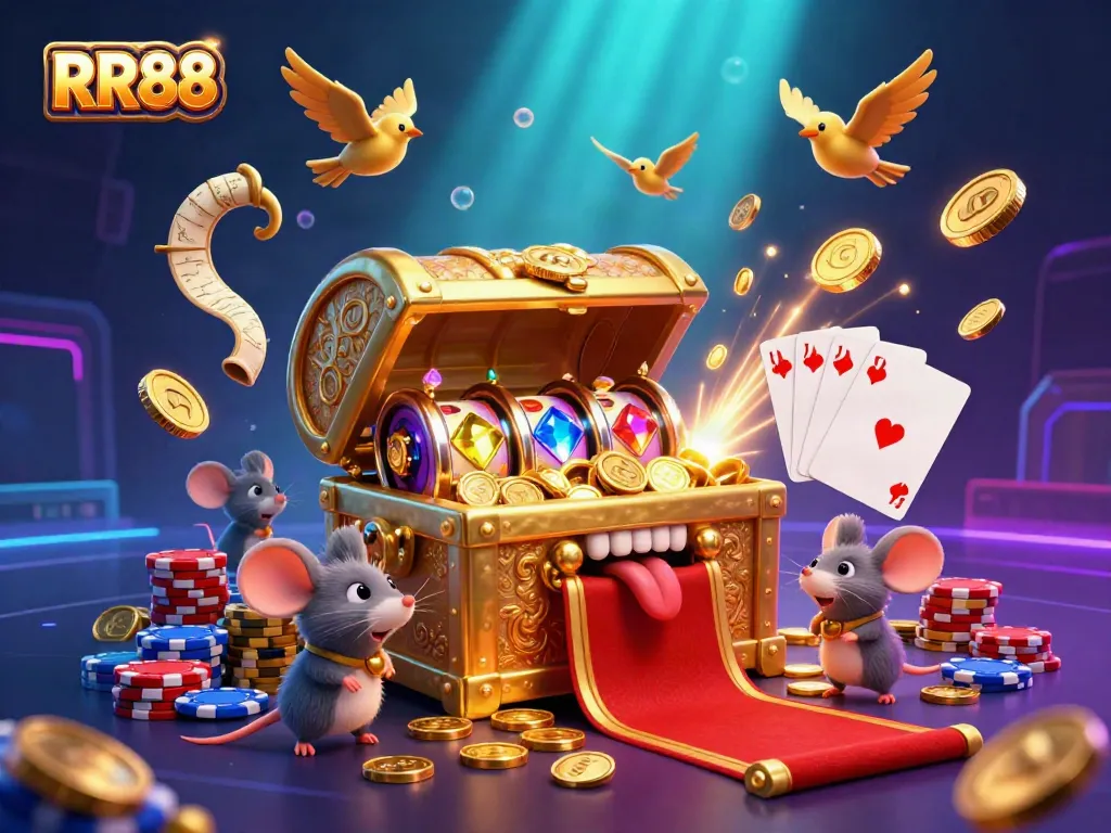 Spin the reels with RR88, as gleaming treasures and vibrant casino elements create a winning atmosphere.