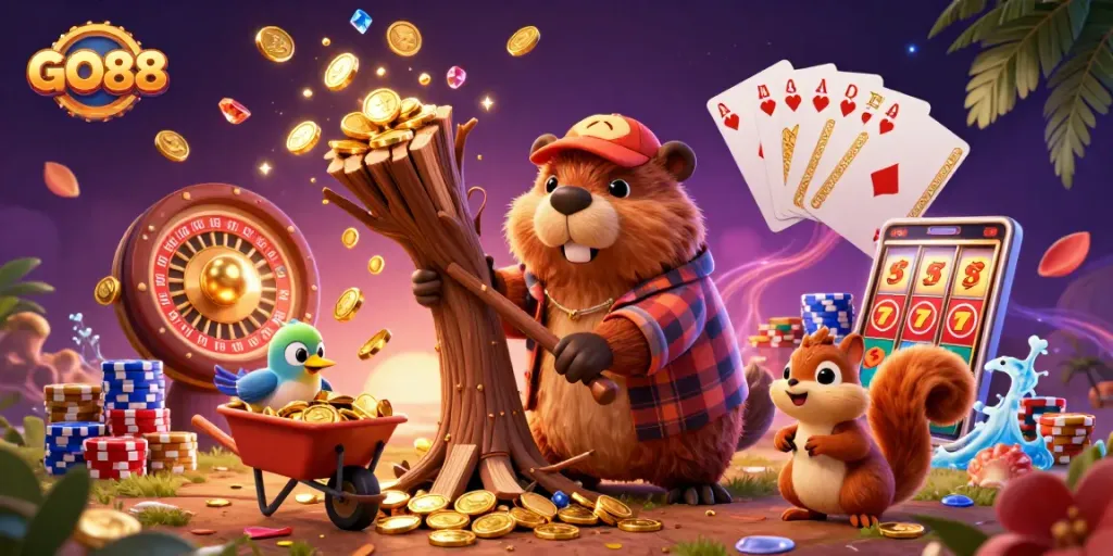 Spin and win with GO88 in a vibrant casino-themed illustration showcasing fun characters and exciting game elements.