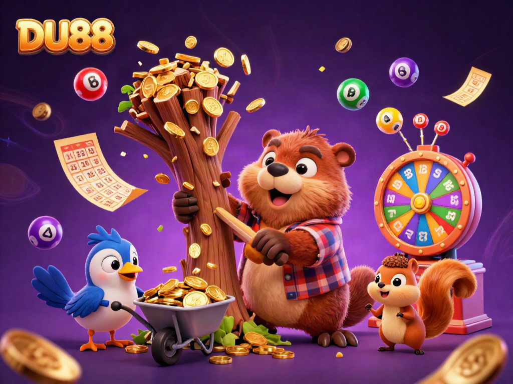 Engage with DU88's vibrant scene of a beaver winning coins, lottery elements, and golden treasures.