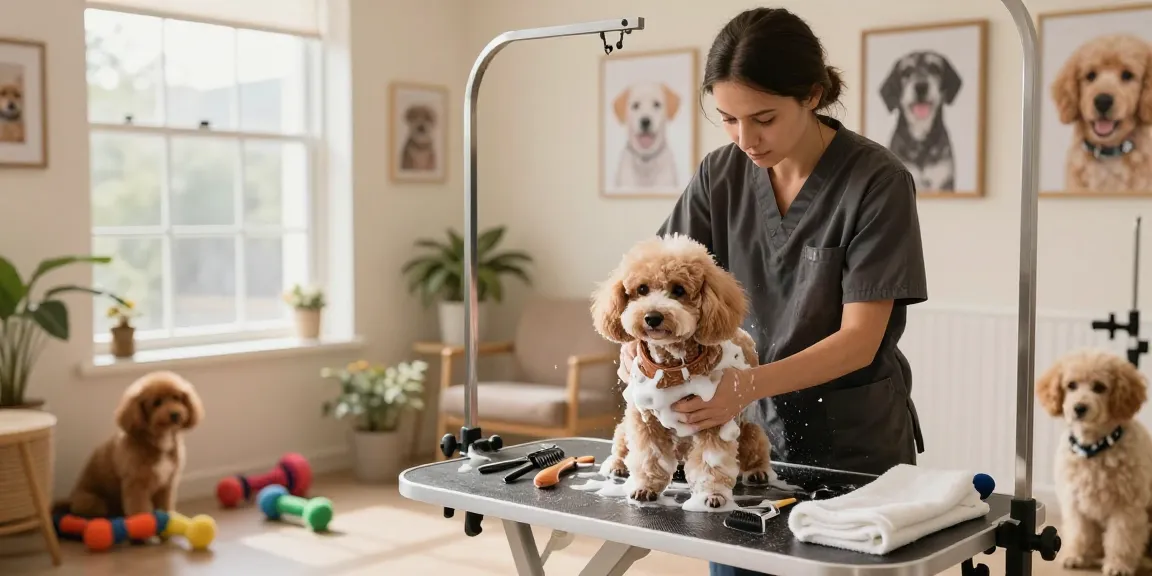 Poodle Grooming in a cozy salon with a professional groomer bathing a fluffy dog, joyful environment filled with grooming tools and natural light.