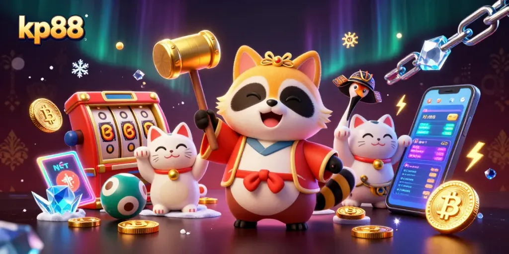 Engage with kp88 by spinning slot reels alongside cheerful tanuki and lucky cats in a vibrant casino scene.