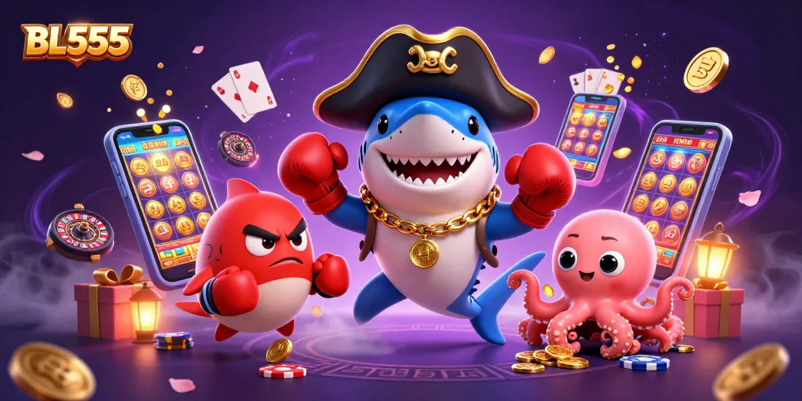 Join the fun at BL555 casino, featuring a cartoon pirate shark, pufferfish, and octopus amidst exciting games