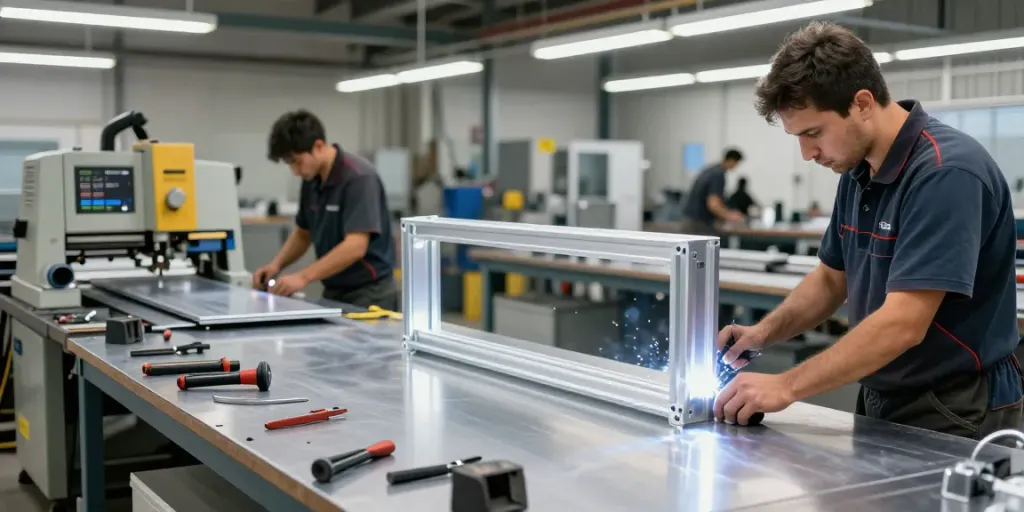 Aluminium fabrication workshop with skilled craftsmen welding and preparing materials.