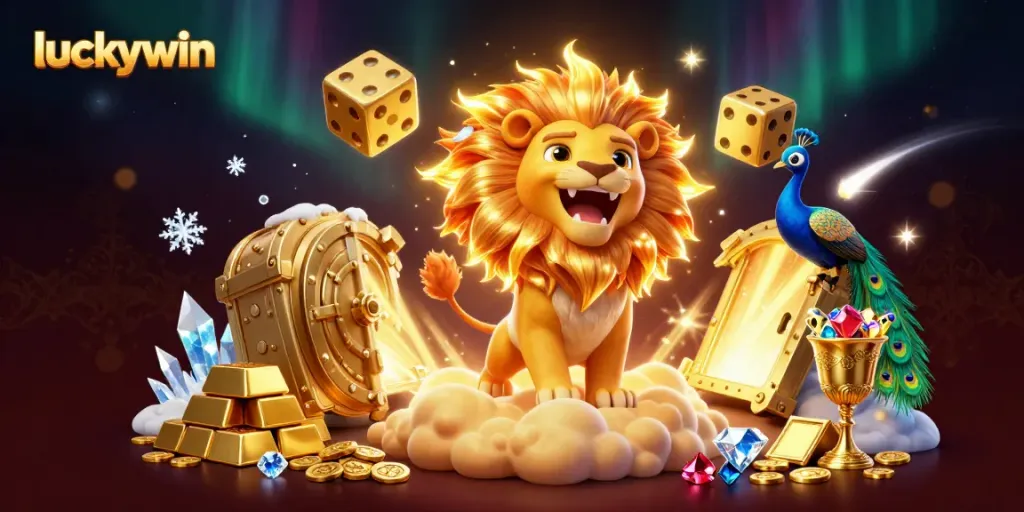 Experience jackpot thrills with luckywin in this dynamic 3D casino illustration featuring a roaring lion and golden treasures.