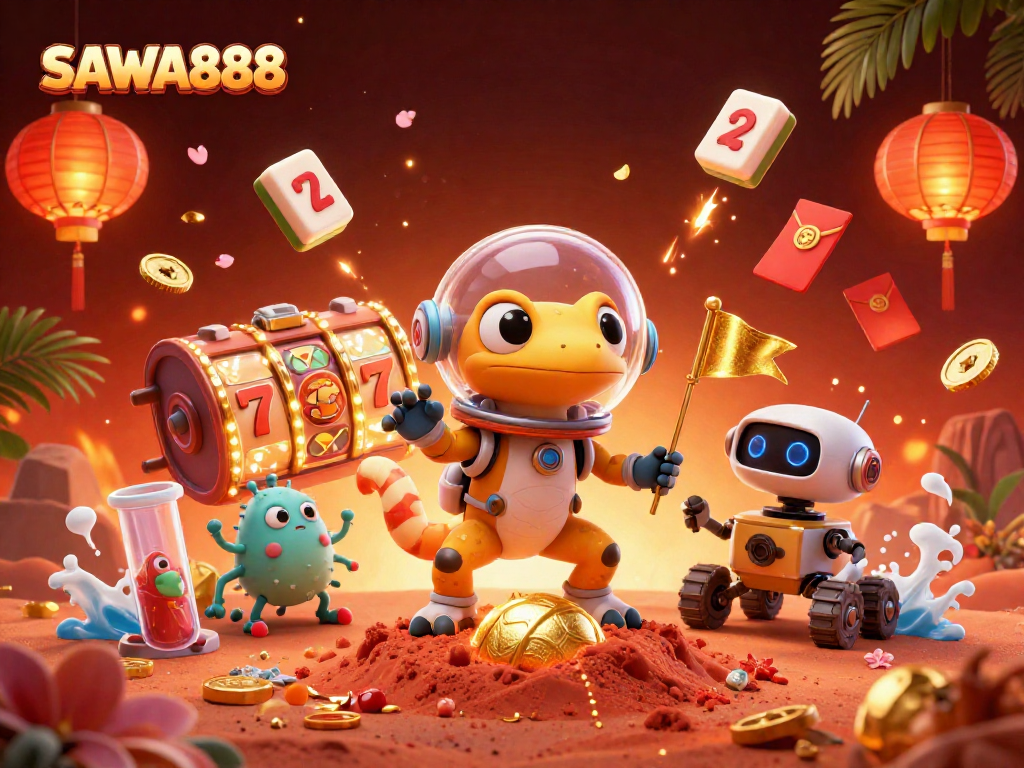 Experience the excitement of SAWA888 as a Martian gecko discovers a golden casino while robots and bacteria celebrate in this vibrant digital illustration.