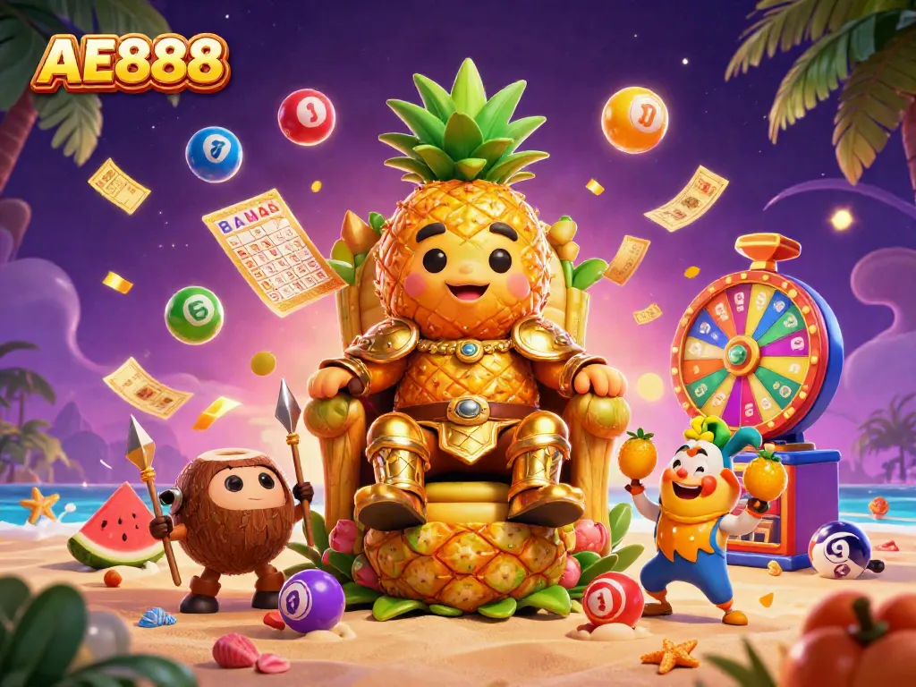 Experience the vibrant AE888 casino scene with a golden pineapple king, tropical play elements, and lottery excitement.