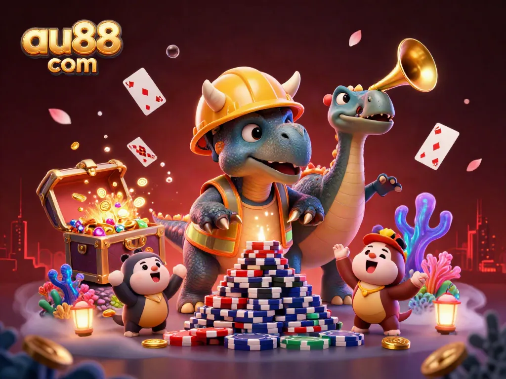 Experience the excitement of au88 com as a vibrant triceratops celebrates with poker chips and treasures.