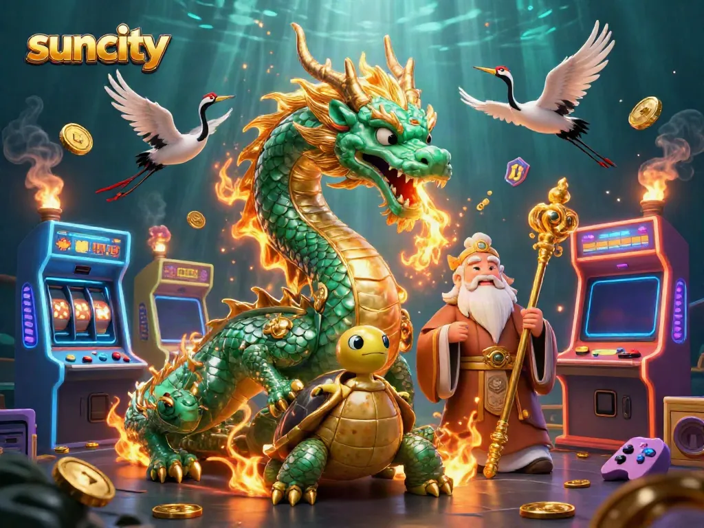 Experience luck at suncity with a vibrant, action-packed scene featuring dragons and magical game elements.