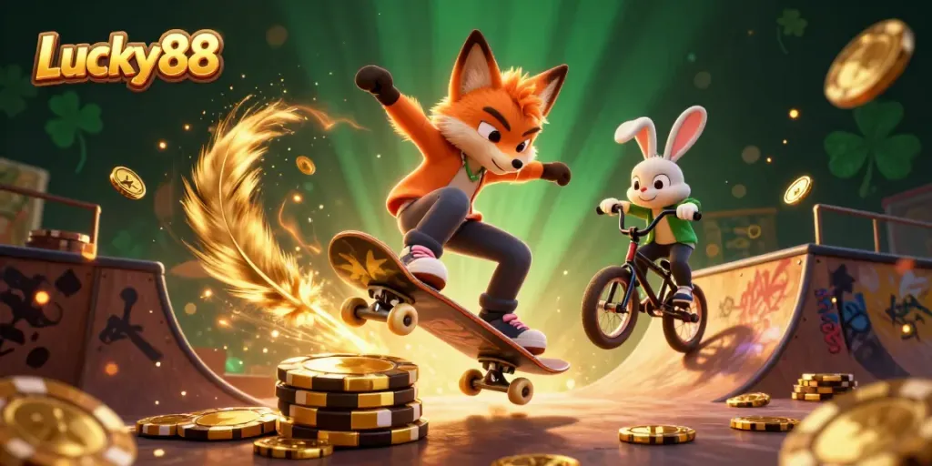 Experience thrilling moments at Lucky88 with a skateboard fox and BMX rabbit in a vibrant casino scene.