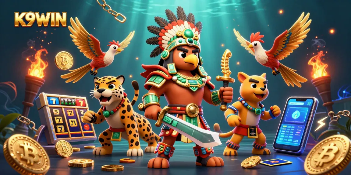 K9WIN slot game featuring Aztec warrior surrounded by dynamic jackpot elements and cryptocurrency coins.