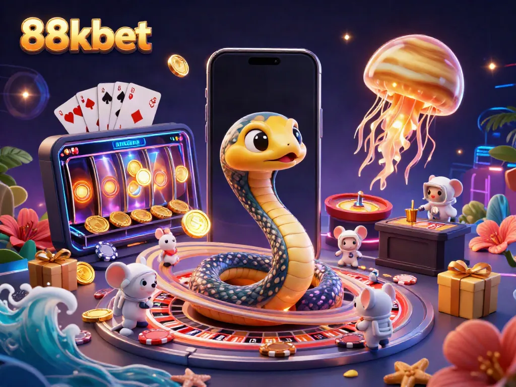 Experience thrilling wins at 88kbet with cartoon snake roulette and astronaut mice betting in a vibrant 3D casino.