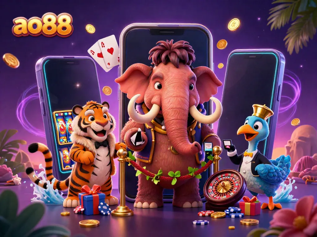 Exciting ao88 casino scene with vibrant characters, slot games, and engaging elements.