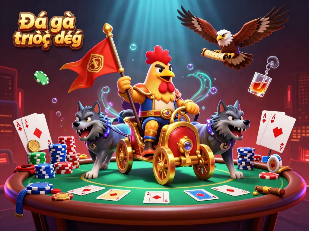 Experience the thrill of Đá gà trực tiếp with a vibrant 3D depiction of a rooster warlord in action.