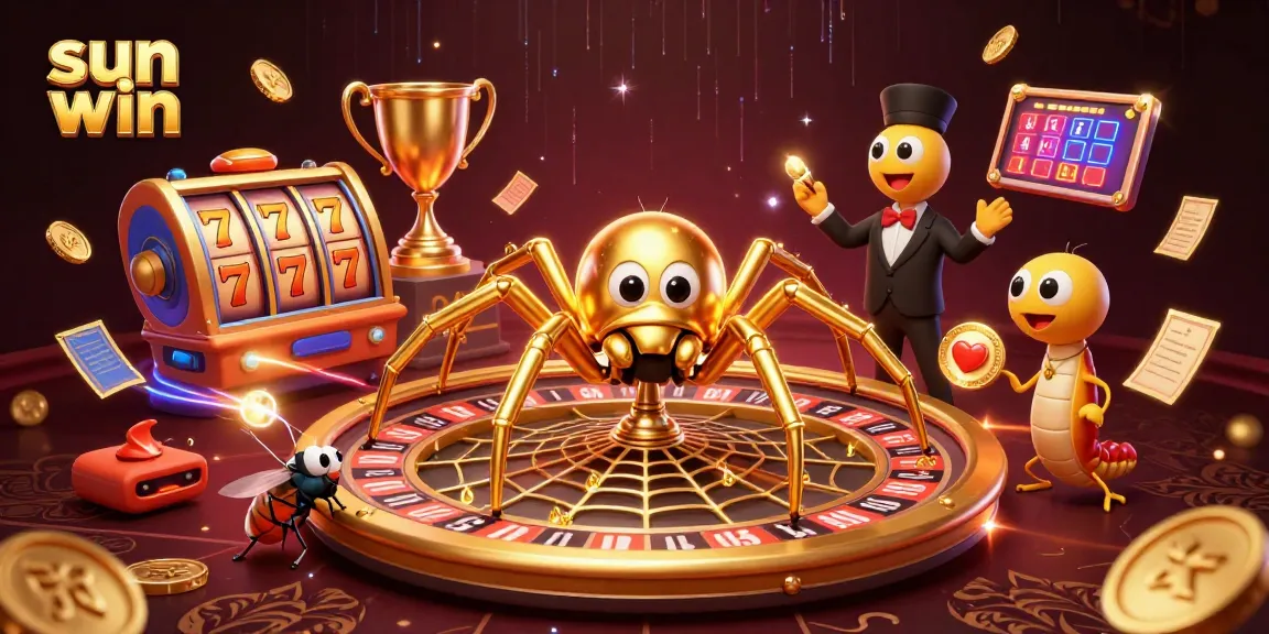Experience exciting bets at sun win with a golden spider croupier spinning a roulette web.