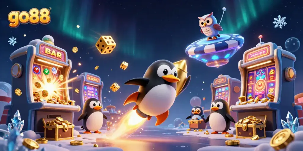Experience the fun of go88 with a dynamic 3D casino scene featuring a golden penguin and exciting game elements.