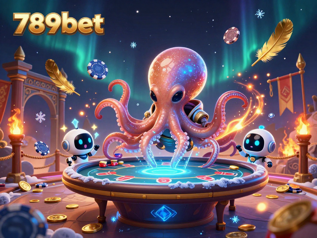 Engage in fun games at 789bet with an alien octopus masterfully controlling a floating poker table.