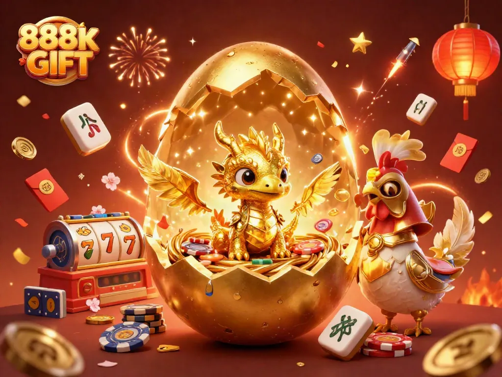 Engage with 888K GIFT's captivating 3D casino fantasy featuring a golden dragon amid vibrant slot reels.