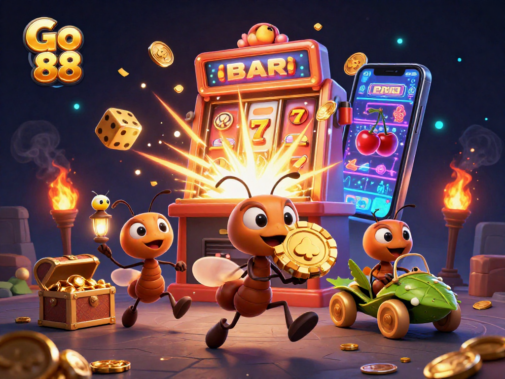 Go 88 team of ants executing a thrilling heist with golden poker chips amid vibrant casino elements.
