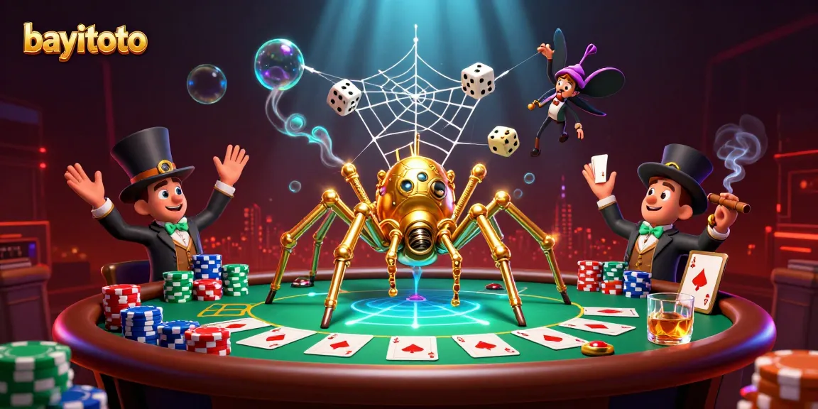 Experience thrilling bets at bayitoto with golden webs, poker chips, and vibrant casino elements.
