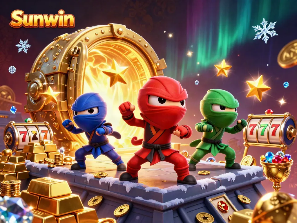Engage with Sunwin's thrilling 3D world showcasing a ninja chameleon team in an action-packed scene featuring casino elements.