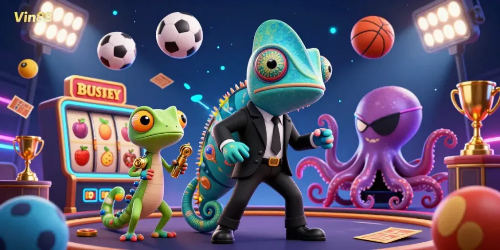 Experience thrilling gameplay at Vin88 with vibrant casino elements and dynamic characters.