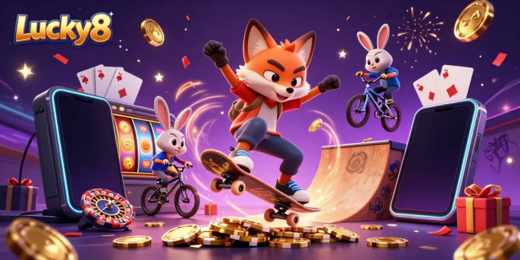 Engaging scene showcasing Lucky8 with a skateboarder fox and BMX rabbit amid casino symbols.