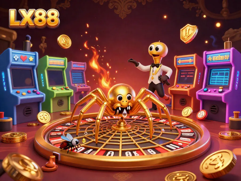 Experience thrilling bets at LX88 with a golden roulette spider web, vibrant arcade games, and a centipede croupier.