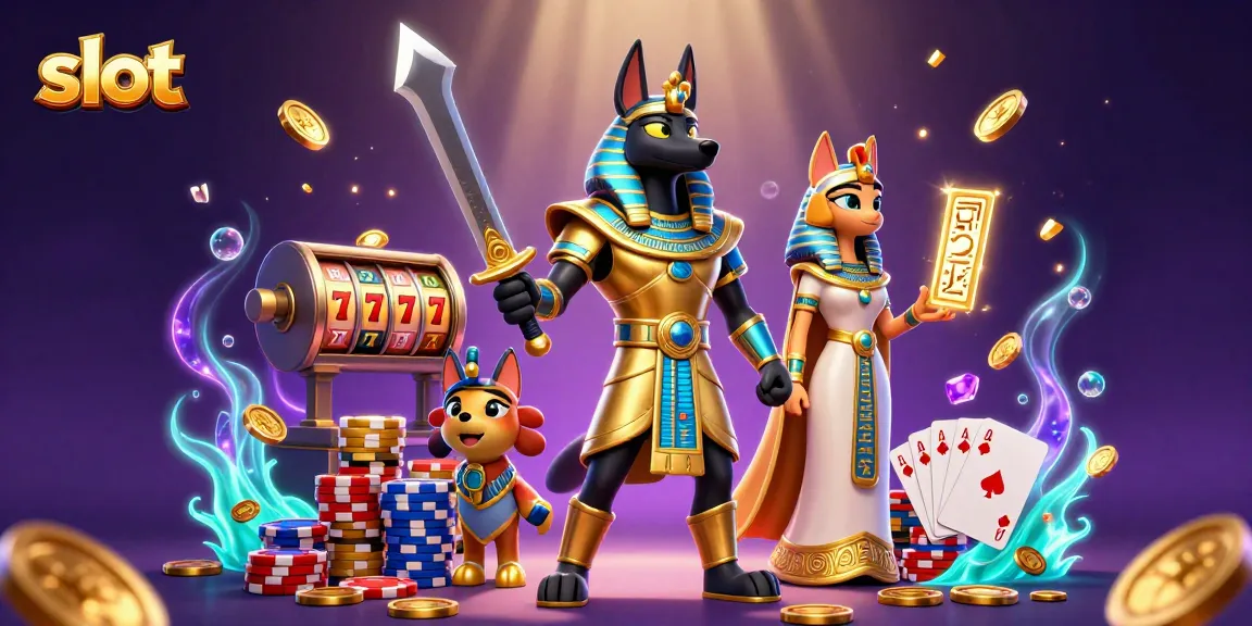 Spin exciting slot games with Anubis and Bastet, surrounded by gold coins and roulette.