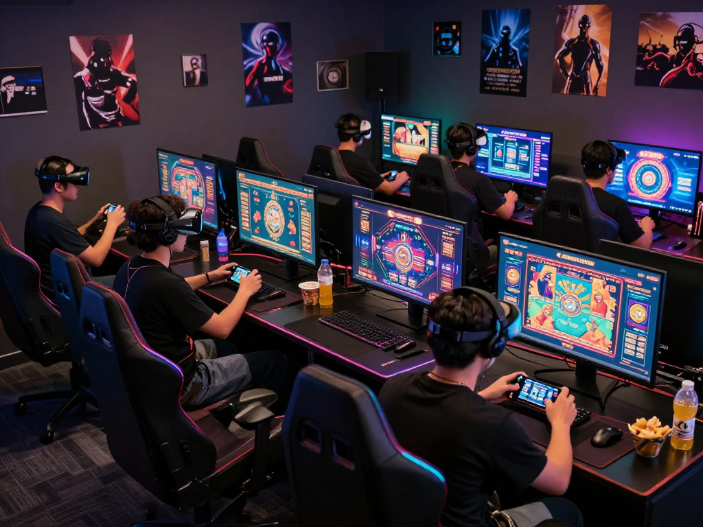 KOMBET168 gamers enjoying an immersive online casino experience in a vibrant setting