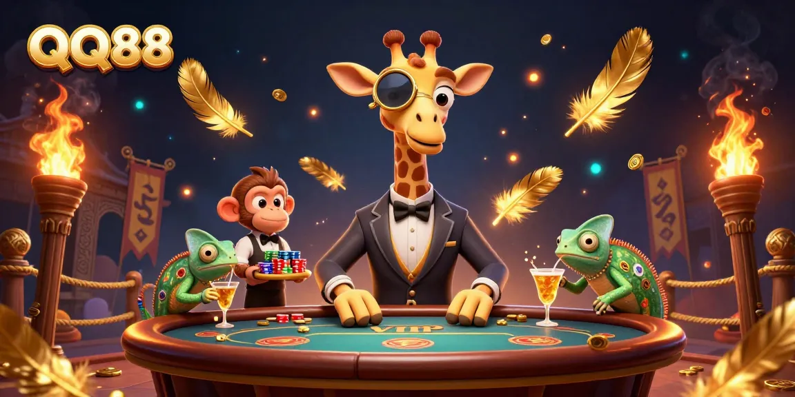 Experience QQ88's vibrant online casino scene featuring a giraffe playing poker with dynamic elements.