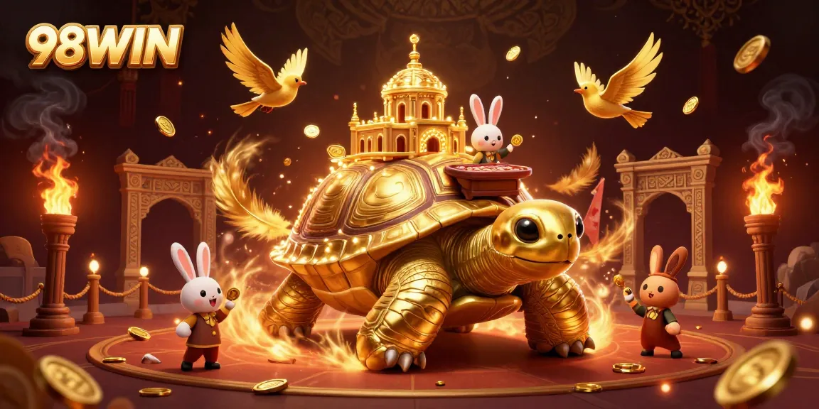 Experience exciting casino games at 98WIN’s vibrant scene with a magical tortoise and dealer.
