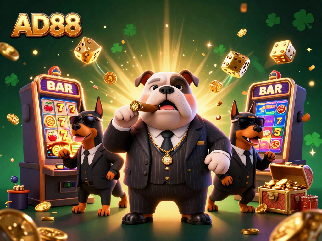 Engage with AD88's lively 3D illustration showcasing casino excitement and thrilling gameplay elements.