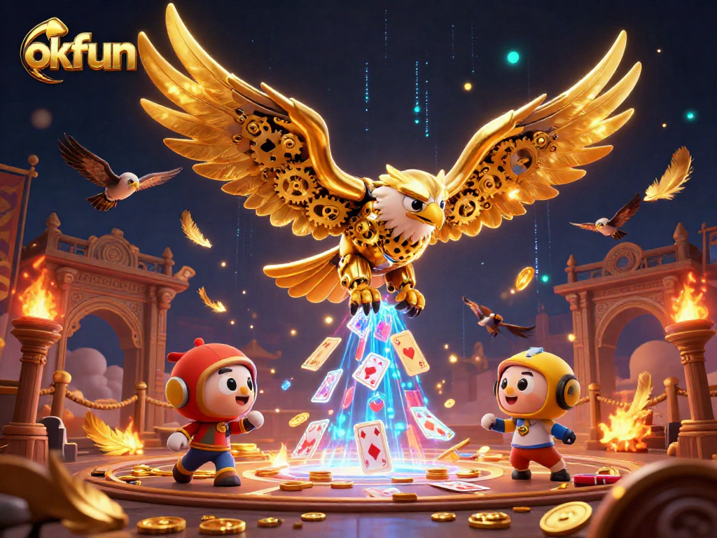okfun showcases a dynamic 3D golden eagle amidst vivid casino elements, attracting excitement