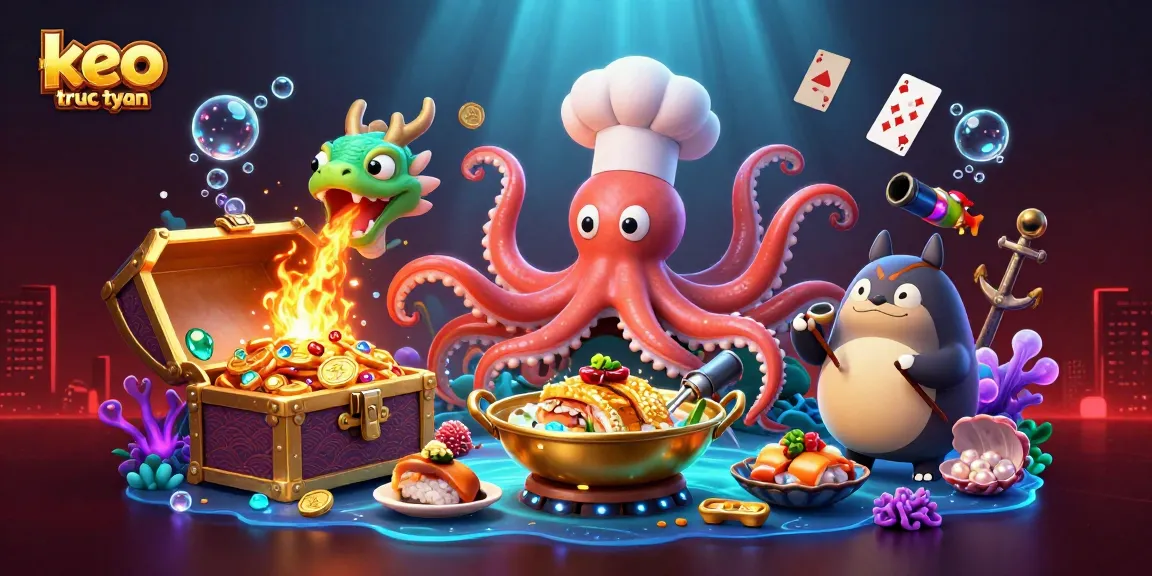 Engage with the exciting world of keo truc tuyen through vibrant visuals of a sushi chef octopus and colorful gaming elements.