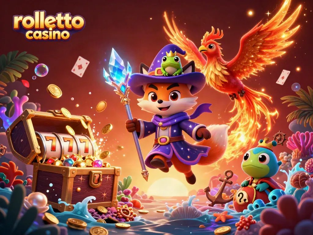 Experience the magic of rolletto casino with a mystical wizard fox, phoenix, and vibrant casino elements.