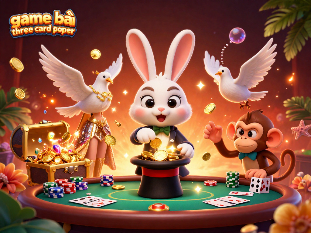 Engage in thrilling game bài three card poker as dynamic characters showcase vibrant casino elements.