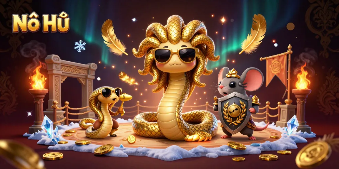 Nổ Hũ engaging scene with Medusa and a warrior mouse amidst casino elements and golden coins
