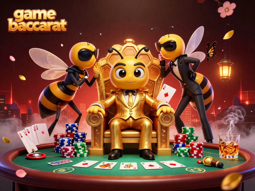 Experience the excitement of game baccarat with a bumblebee mob boss and poker elements in a lavish casino scene.