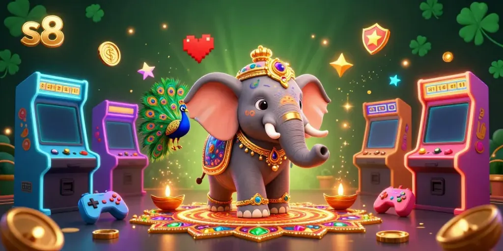 Experience thrilling casino fun with s8 in a colorful 3D scene filled with vibrant gaming characters and elements.