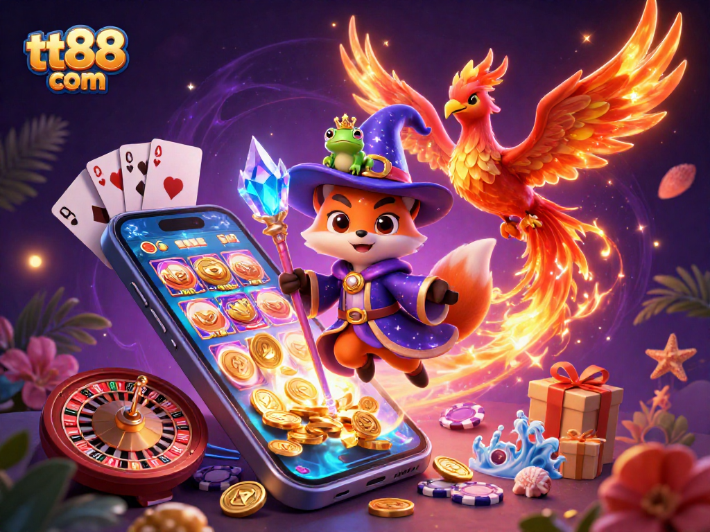 Engage in thrilling experiences with tt88 com at this vibrant illustration showcasing magical elements and casino games.