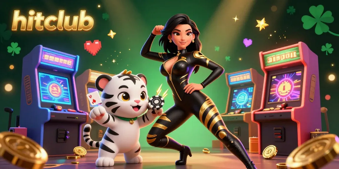 Engage in thrilling gaming at hitclub with stunning visuals of a woman and a baby tiger amidst vibrant casino elements.